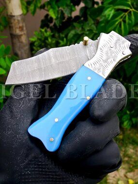 Handcrafted Damascus Steel Folding Knife – Blue Handle